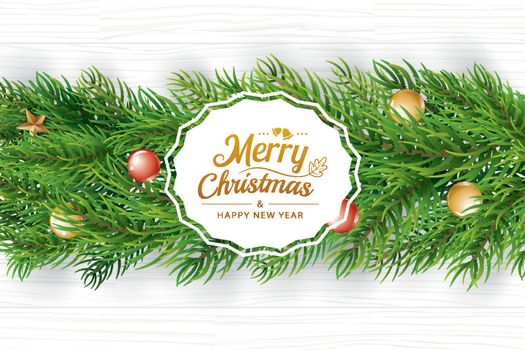 Christmas greeting card with fir branch on white wooden backgrou