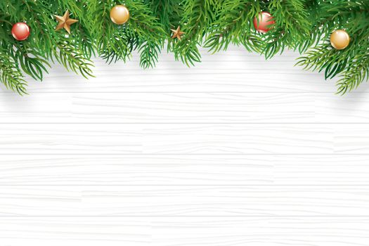 Christmas with fir branch on white wooden background. Vector ill
