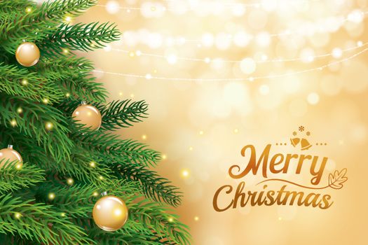 Christmas tree with gold blur bokeh lights background. Vector il