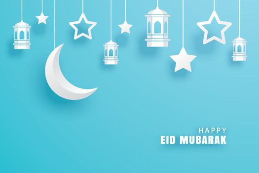 Happy Eid Mubarak greeting card with with crescent moon paper ar