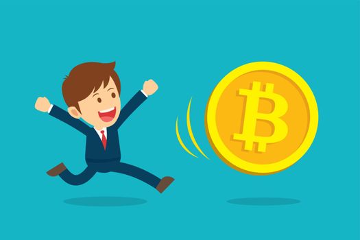 Businessman running are happy at the bitcoin prices up. Cryptocu