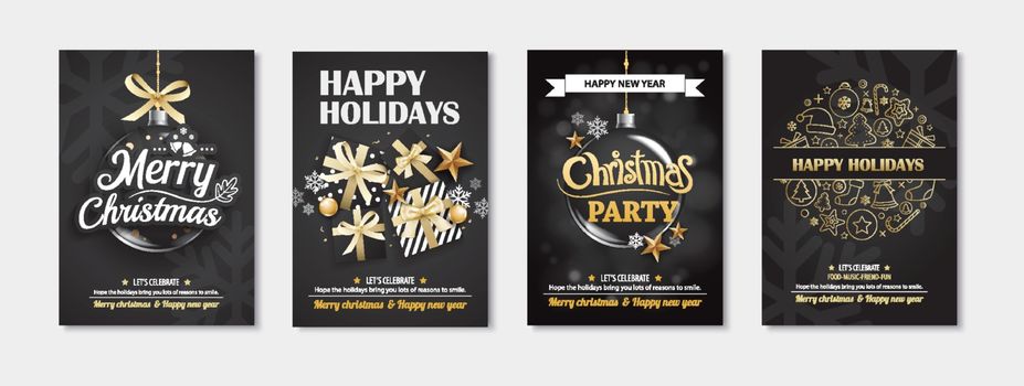 Merry christmas greeting card and party invitations on black bac