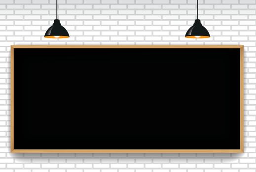 Blank blackboard in white brick wall background with 2 hanging l
