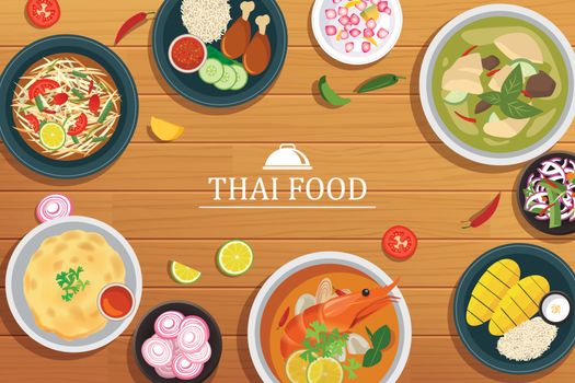 thai food on a wooden background.Vector thai food top view