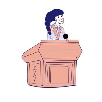 A young activist girl in a business suit behind a podium makes a speech. Girl politician. School debate. . illustration, blue line, in cartoon style.