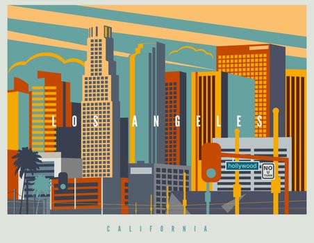 Downtown Los Angeles in vector. Cityscape of LA in retro style colors and stylization, vintage design illustration. California, USA