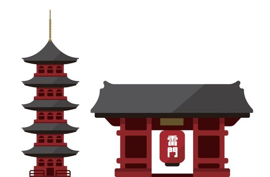 Tokyo landmark building flat vector illustration / Asakusa temple gate and pagoda