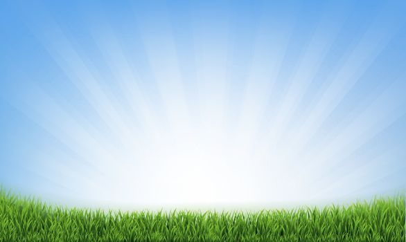 Grass Frame With Sunburst Blue Background