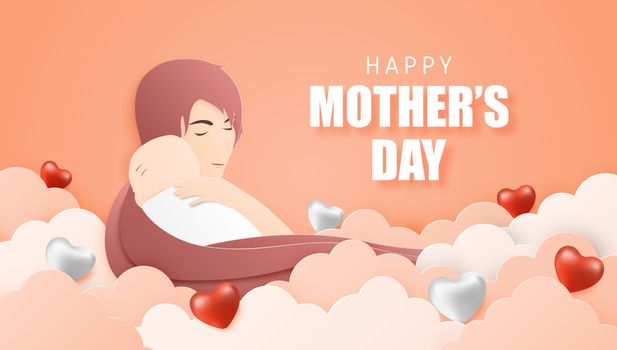 Happy Mother's day poster or banner with mother hug her baby in 