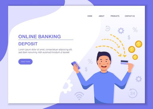 Wealth, Income. Website Landing Page, Man with plastic card and smartphone Money, Capital Safety, Business Characters Making Savings Web Page. Cartoon Flat Vector Illustration, Banner