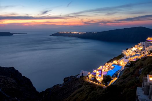 The capital of the island of Santorini Thira at twilight.