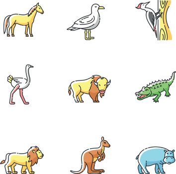 Flying and land animals RGB color icons set