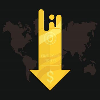 Gold market price crisis concept. Design by golden bar and falling down arrow with US dallar sign. Decline in gold commodity value during world economic growth. Flat vector illustration