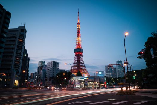 Tokyo Tower view during twilight with traffic light trail. Landscape orientation.