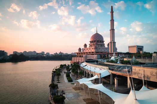 Putra mosque view during golden hour in Malaysia.