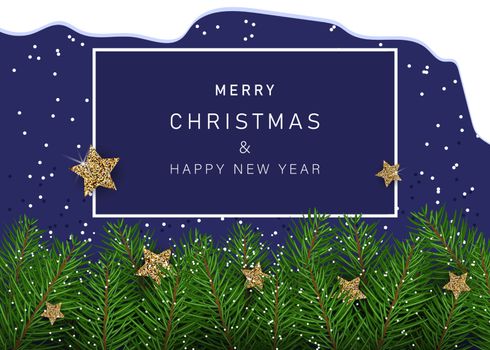Christmas banners with decorated stars with branches. With snow frames on a blue background. Festive header design for your website