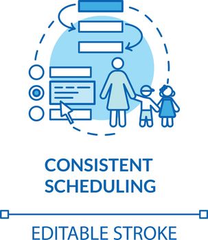 Toddlers consistent scheduling concept icon. Preschool teacher and nanny. Early childhood education idea thin line illustration. Vector isolated outline RGB color drawing. Editable stroke