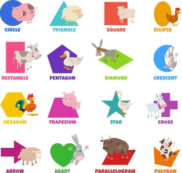 basic geometric shapes with cartoon farm animals set