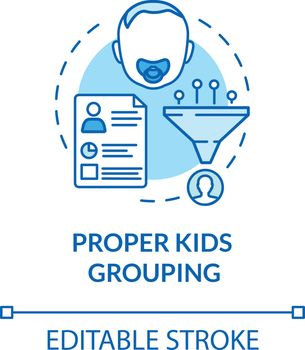 Toddlers groups concept icon. Proper kids grouping idea thin line illustration. Children in kindergartens. Early childhood education. Vector isolated outline RGB color drawing. Editable stroke