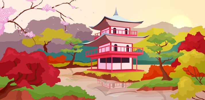 Japanese pagoda flat color vector illustration