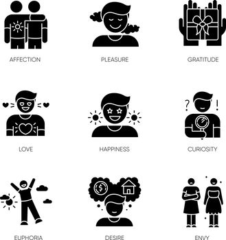 Feelings and emotions black glyph icons set on white space