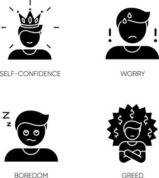 Negative feelings and bad traits black glyph icons set on white space