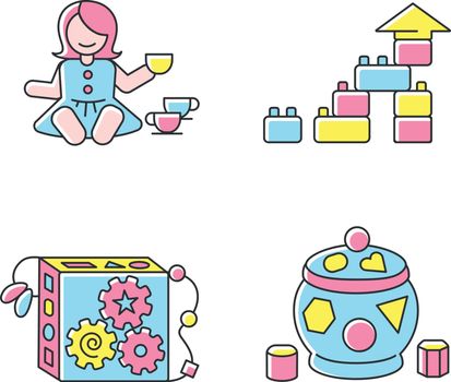 Sensory toys for toddlers RGB color icons set. Baby doll with tea set. Educational toys for children early development. Children amusement and activity ideas. Isolated vector illustrations