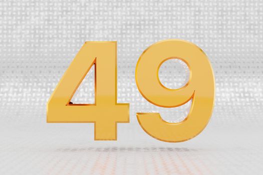 Yellow 3d number 49. Glossy yellow metallic number on metal floor background. 3d rendered font character.