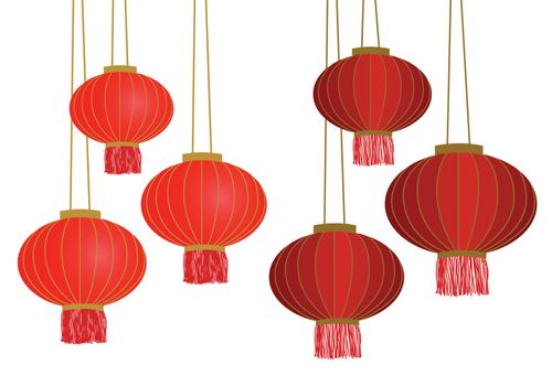 Set of various hanging traditional red Chinese lanterns isolated on white background, flat vector EPS 10 illustration. Design element for new year celebration