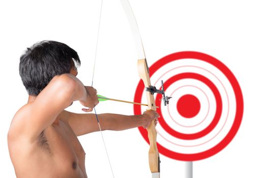 Asian man holding bow and shooting to archery target. Rear view,