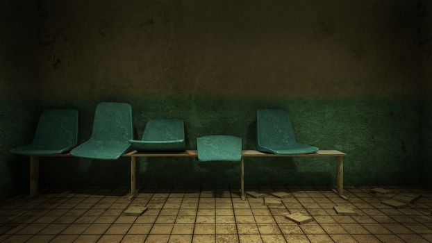 Horror and creepy seat waiting in front of the examination room in the hospital.3D rendering
