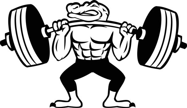Alligator Weightlifter Lifting Heavy Barbell Mascot Black and White