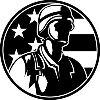 American Soldier Military Serviceman Looking Side USA Stars and Stripes Flag Circle Retro Black and White