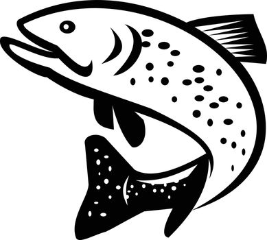 Brook Trout or Brook Char Jumping Up Retro Black and White