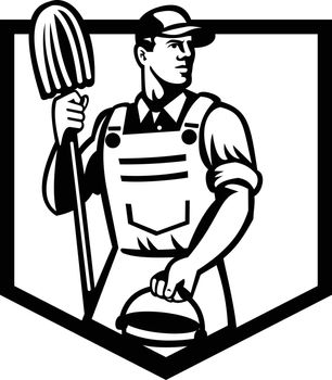 Janitor Cleaner Holding Mop and Bucket Shield Retro Black and White