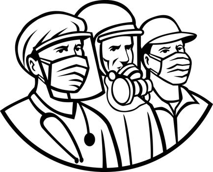 Essential Workers Wearing Mask as Heroes Black and White Retro