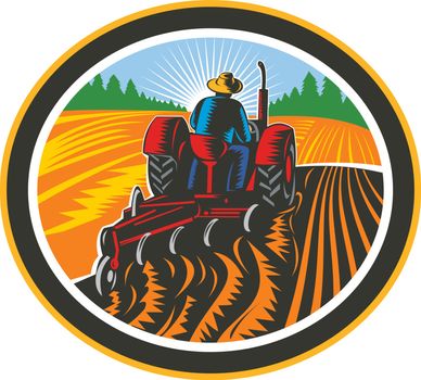 Farmer Driving Tractor Plowing Field Circle Retro
