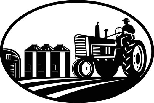 Farmer Driving Vintage Tractor With Barn and Silo Oval Retro Woodcut Black and White