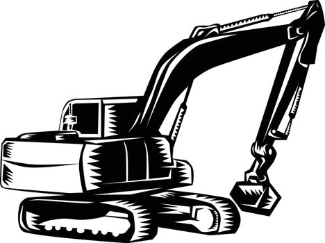 Mechanical Digger Excavator Woodcut Black and White