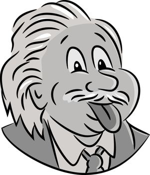 Cartoon style illustration of head of nerdy genius scientist Albert Einstein sticking his tongue out viewed from front on isolated white background.