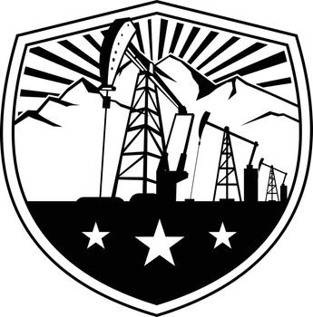 Oil Derrick and Mountains Shield Badge Retro Black and White