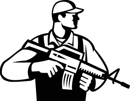 Soldier or Military Serviceman With Assault Rifle Looking Side Retro Black and White