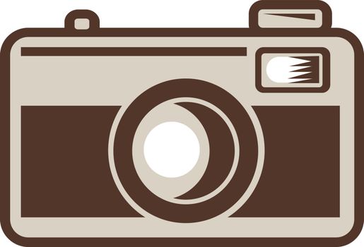 Retro style illustration of vintage 35mm film camera viewed from front on isolated background.