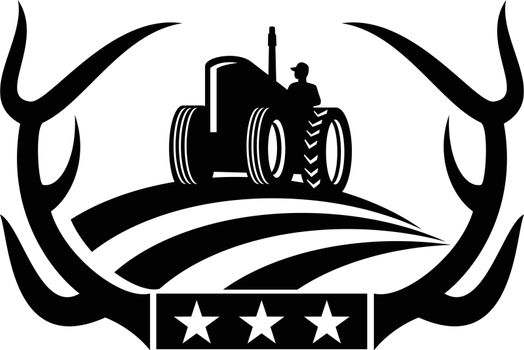 Deer Antler and Vintage Farm Tractor on American Flag Retro Black and White
