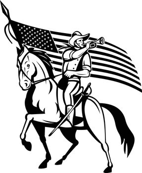 United States Cavalry on Horse Blowing Bugle With USA Flag Retro Black and White