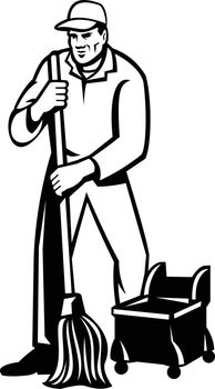 Commercial Cleaner or Janitor Mopping Cleaning Floor Retro Black and White