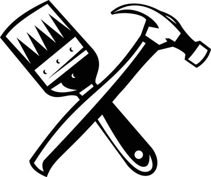 Illustration of a crossed paint brush and hammer on isolated white background done in retro black and white style.