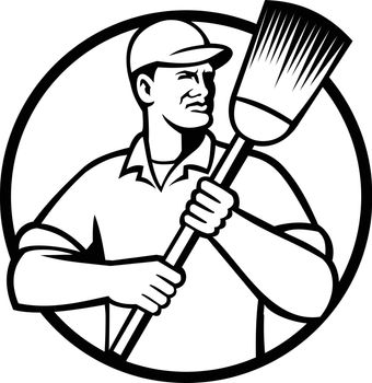 Street Sweeper Janitor or Cleaner Holding Broom Circle Retro Black and White