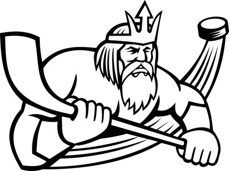Poseidon With Ice Hockey Stick and Puck Sports Mascot Black and White