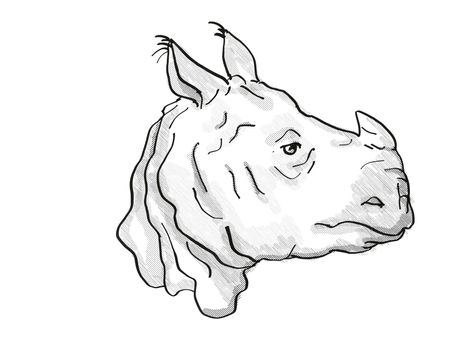 Indian Rhinoceros Endangered Wildlife Cartoon Retro Drawing